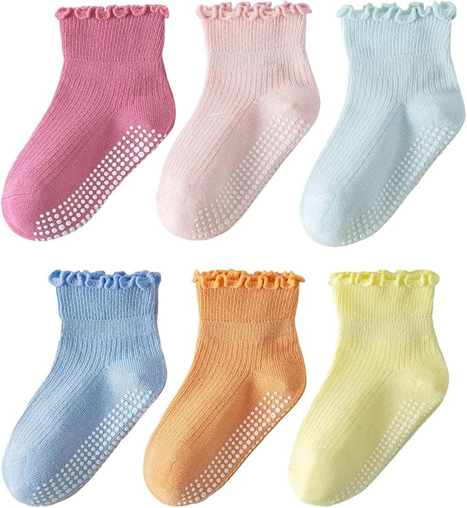 6 Pairs Toddler Ruffle Socks for Girls Baby Grip Socks Non Slip Socks Cute Grippy Frilly | Amazon (US)