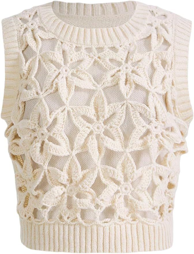 Verdusa Women's Floral Knit Crop Tank Top Round Neck Sleeveless Sweater Vest Pullovers | Amazon (US)
