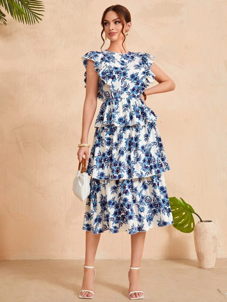 SHEIN Floral Print Layered Hem Butterfly Sleeve Dress | SHEIN