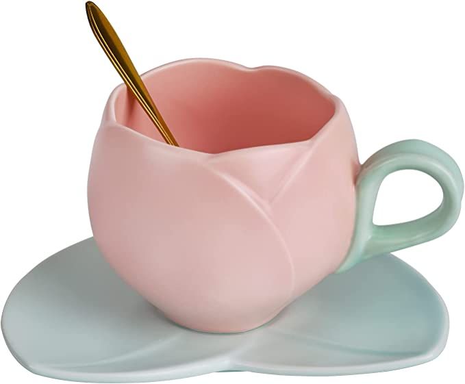 Koythin Ceramic Coffee Mug with Saucer Set, Creative Tulip Cup Unique Irregular Design for Office... | Amazon (US)