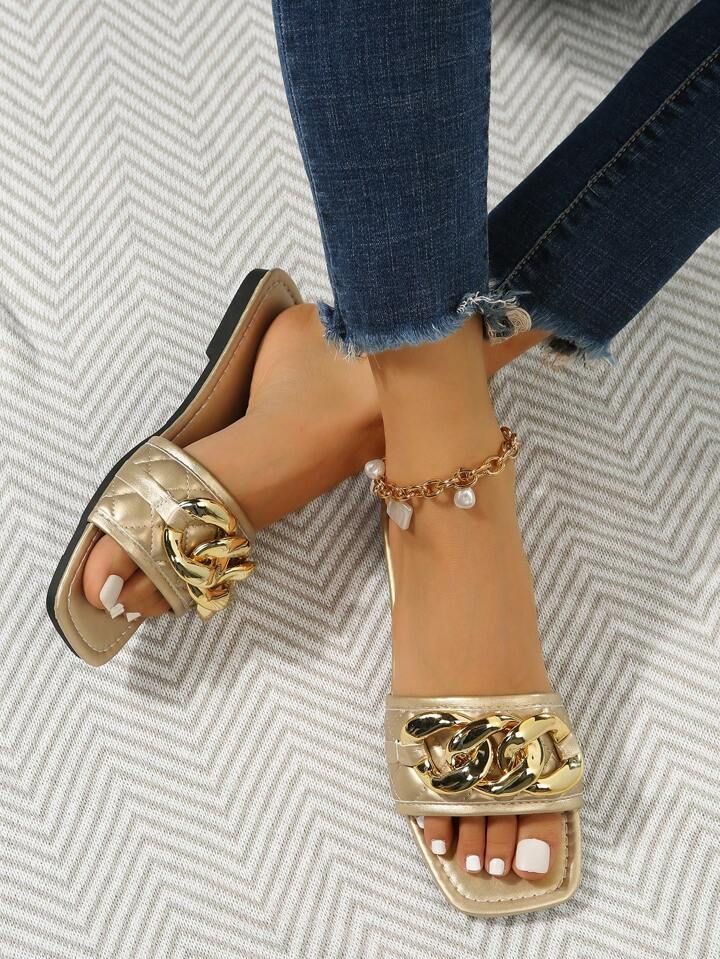 Women Metallic Chain Decor Slide Sandals, Fashion Summer Flat Sandals | SHEIN
