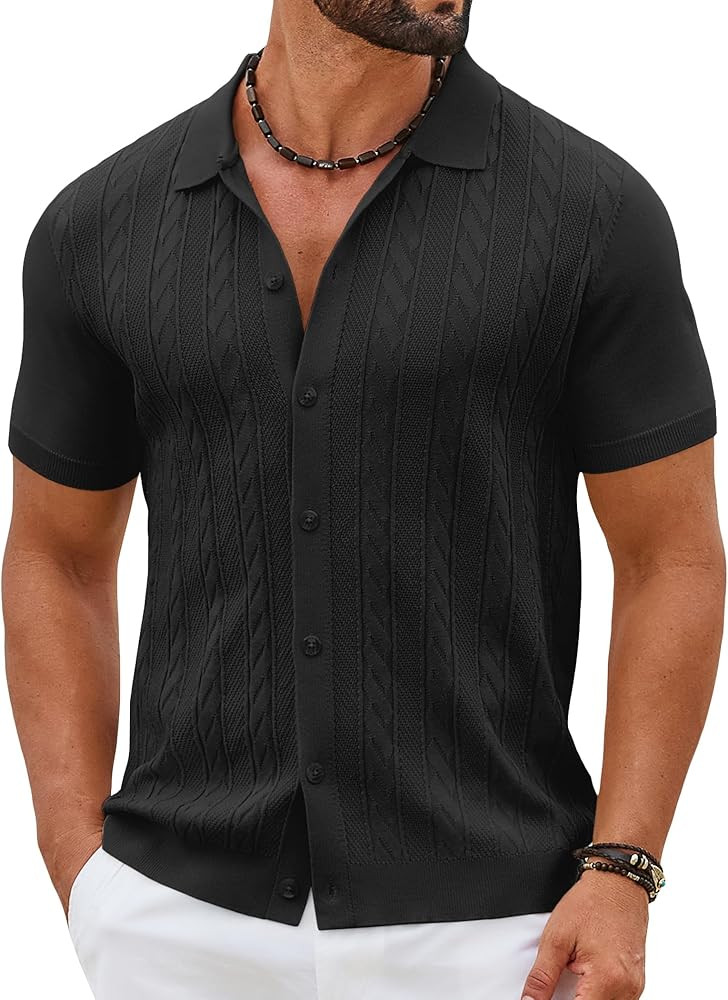 COOFANDY Men's Short Sleeve Knit Shirt Casual Button Down Shirt Vintage Summer Beach Vacation Top... | Amazon (US)