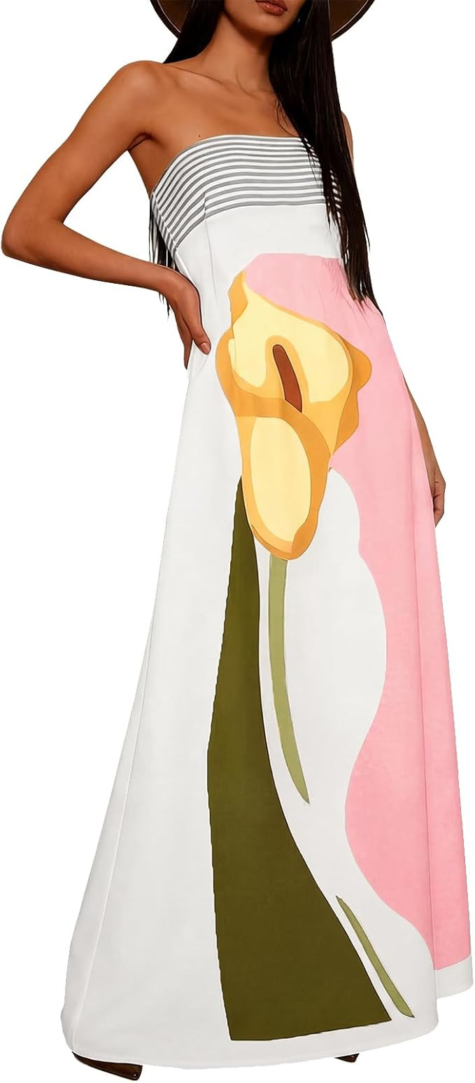 Zwirelz Women Strapless Maxi Dress Boho Floral Print Flowy Long Tube Dress Off Shoulder Loose Bea... | Amazon (US)