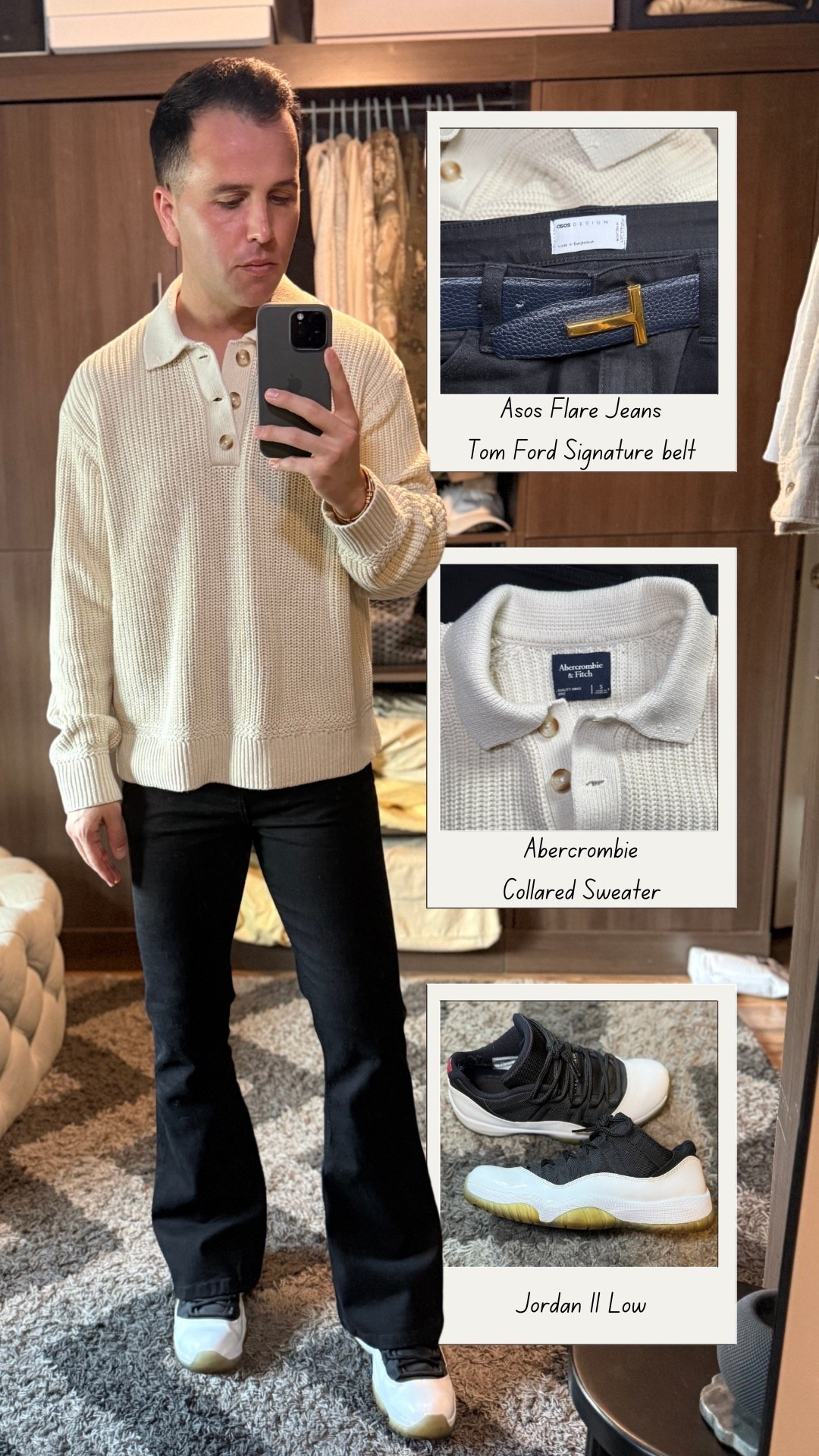 Sunday church outfit. Can’t go wrong with black and white, so creamy white  Abercrombie collared sweater paired with black ASOS flare jeans and a Tom Ford signature belt. Finished it off with classic Jordan 11 low “Tuxedo” sneakers for a clean casual look. Easy men’s church outfit idea that works for spring, comfortable, elevated, and still laid back.
#mensfashion #churchoutfit #mensoutfitideas #springoutfit #abercrombie #mensstyle #casualmenswear #streetwearmen #jordan11 #sneakerstyle 

#LTKgrwm #LTKMens #LTKootd