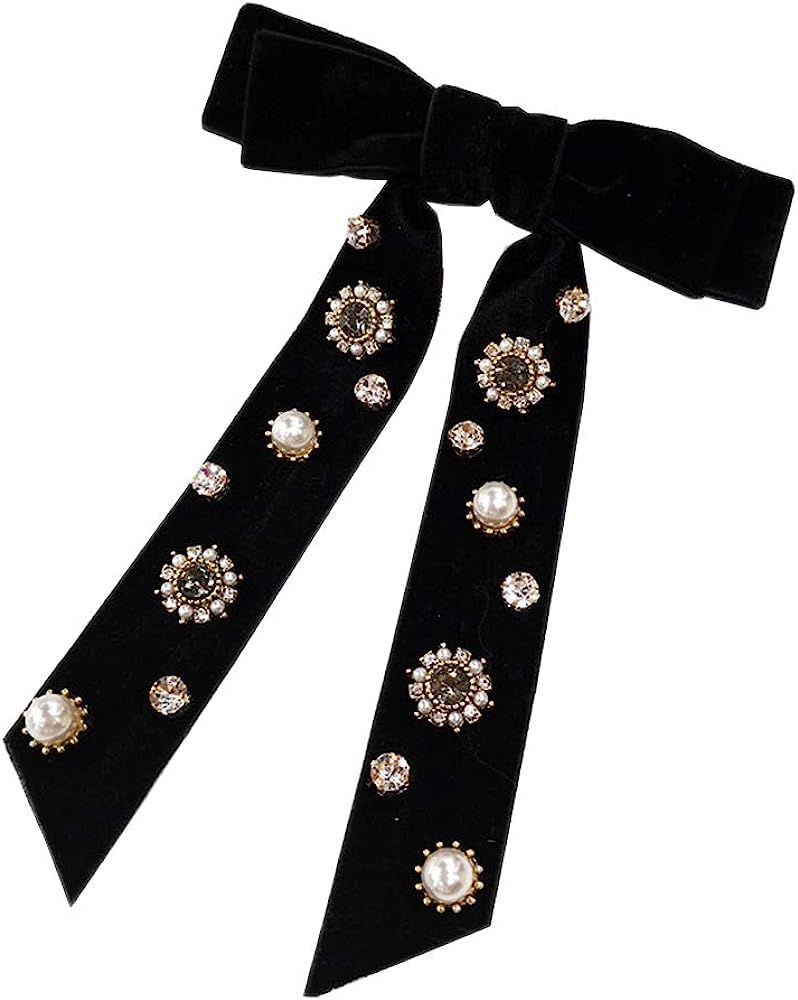 Womens Retro Velvet Ribbon Bow Tie brooch Necktie Rhinestone Preppy Neck Tie Brooch Pin Collar Je... | Amazon (US)