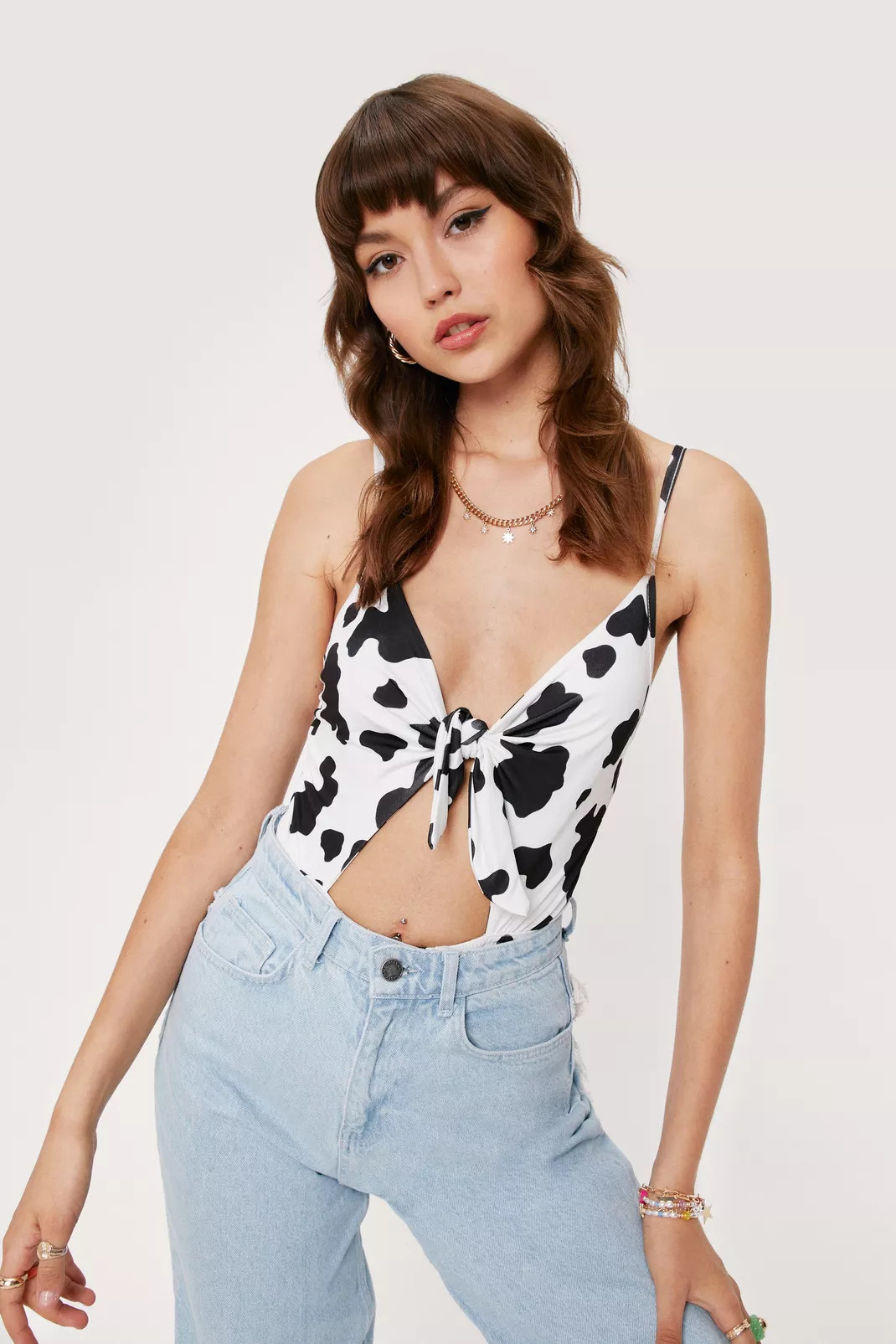 Cow Print Cut Out Tie High Leg Bodysuit | Nasty Gal (US)