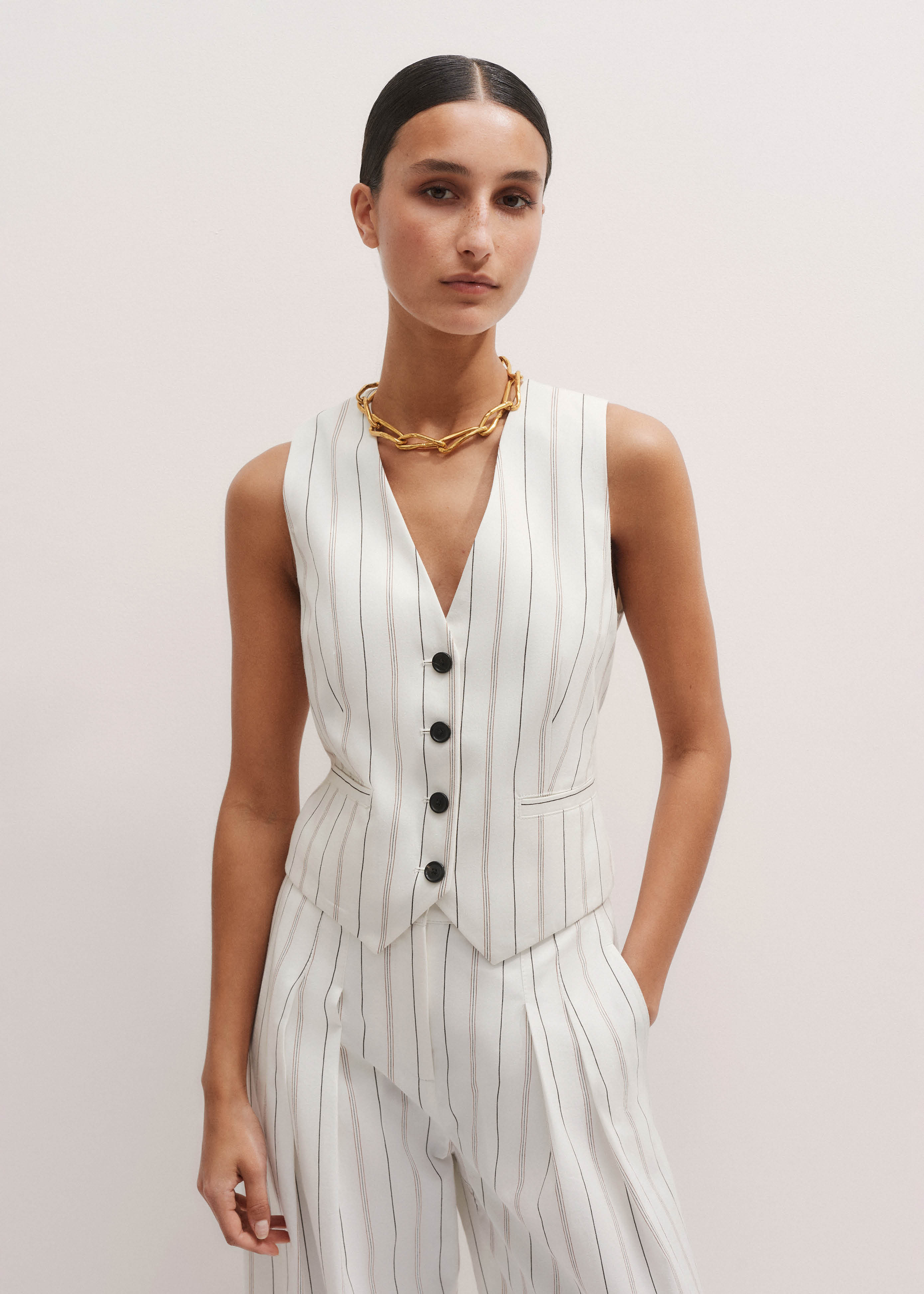 Women's White Multi Stripe Tailored Waistcoat | ME+EM | ME+EM US