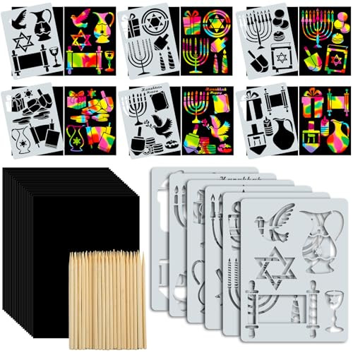 TecUnite 24 Set Hanukkah Scratch Art Hanukkah Scratch Stencil Art Kit DIY Rainbow Chanukkah Scratch Art Hanukkah Scratch Paper for Hanukkah Decorations Party Games Gifts | Amazon (US)
