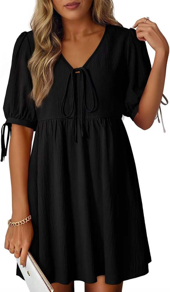 Dokotoo Summer Dresses for Women 2026 Casual V Neck Bow Tie Short Sleeve Empire Waist A-Line Mini... | Amazon (US)