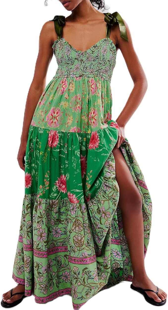 Women Summer Dresses Flowy Smocked Maxi Dress Sleeveless Tie Shoulder Boho Dresses Y2K Floral Bea... | Amazon (US)