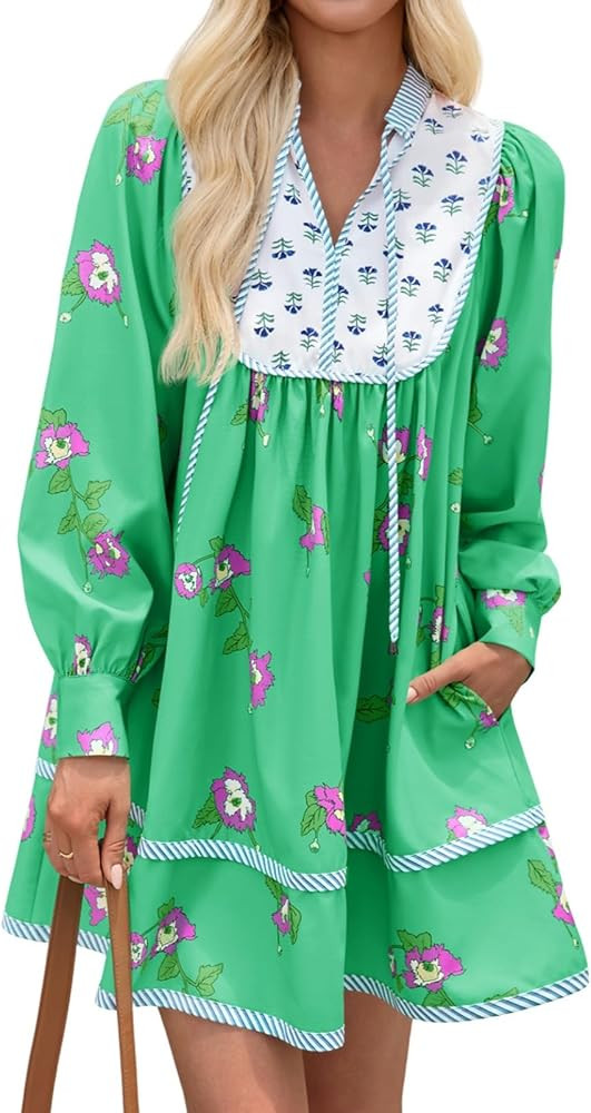 Wenrine Womens Casual Floral Mini Dress 2025 Fall Long Sleeve V Neck Patchwork Loose Boho Shirt D... | Amazon (US)