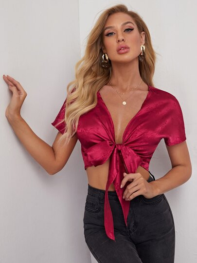 SHEIN Tie Front Floral Jacquard Satin Top | SHEIN