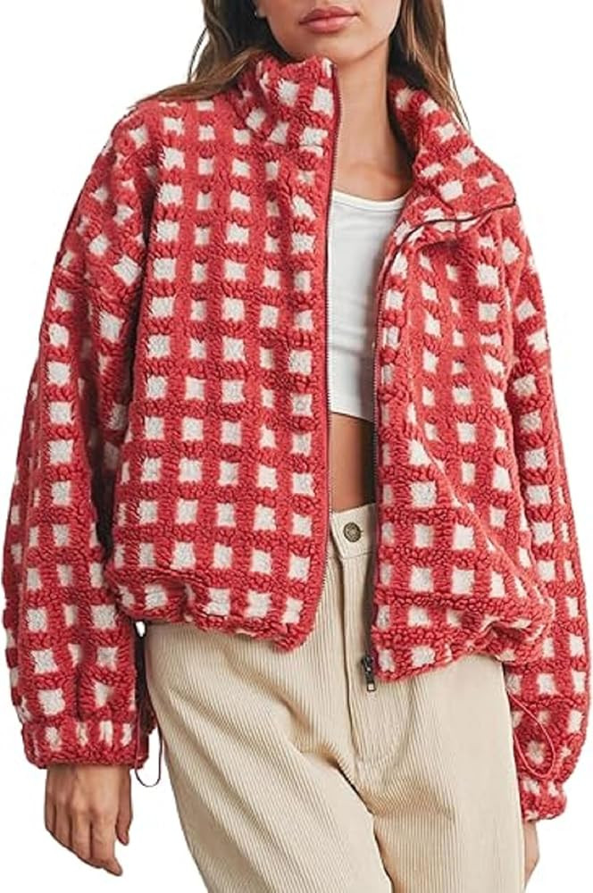 Seyurigaoka Women Checkered Sherpa Jacket Cropped Fleece Plaid Jackets Long Sleeve Zip Up Fuzzy C... | Amazon (US)