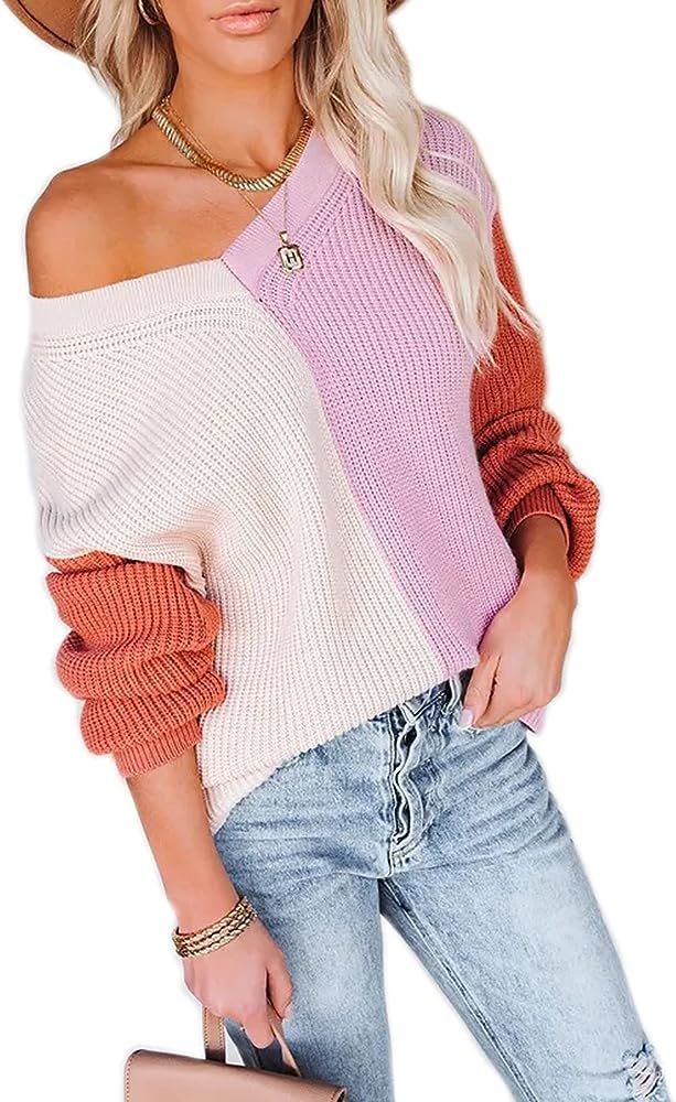 ANCAPELION Women’s V Neck Sweater Pullover Leopard Long Sleeve Basic Color Block Jumper Casual Knitt | Amazon (US)