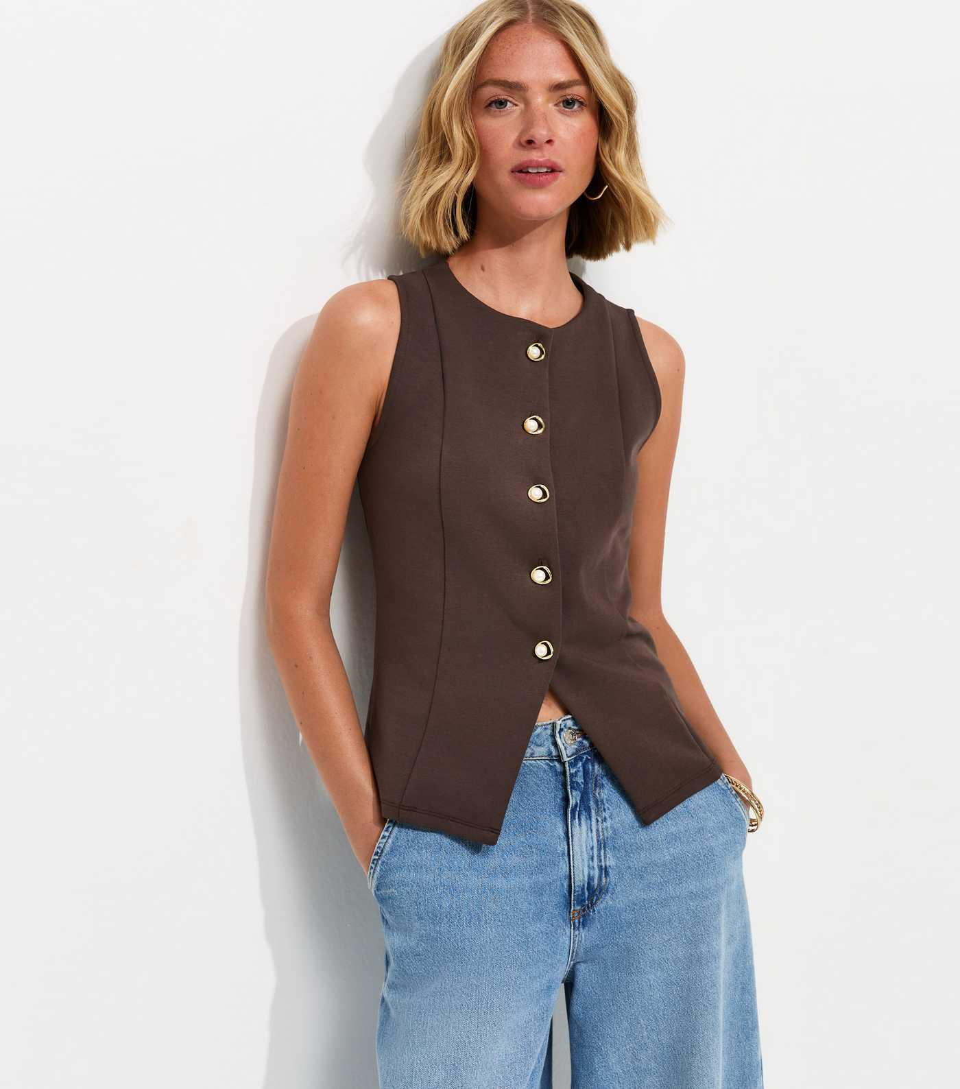 Dark Brown Jersey Crew Neck Faux Pearl Button Waistcoat | New Look | New Look (UK)