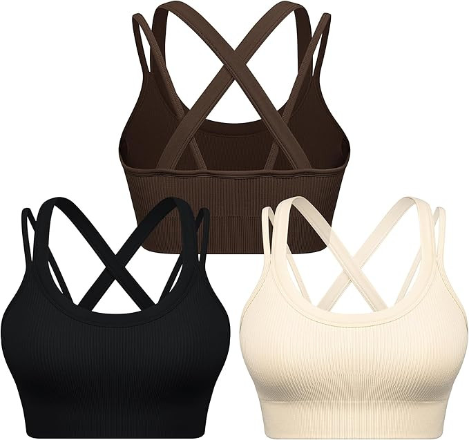 WANAYOU Cross Back Sports Bra Padded Strappy Criss Cross Workout Bras Ribbed Seamless Medium Supp... | Amazon (US)