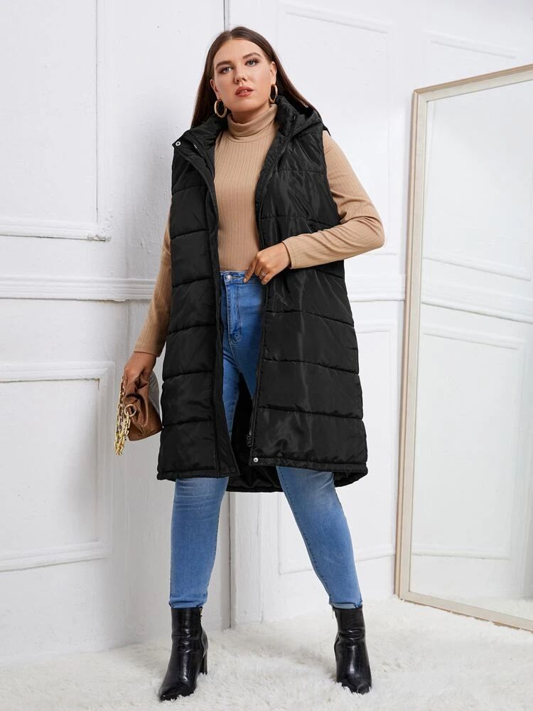 Plus Zip Up Solid Puffer Vest Coat | SHEIN