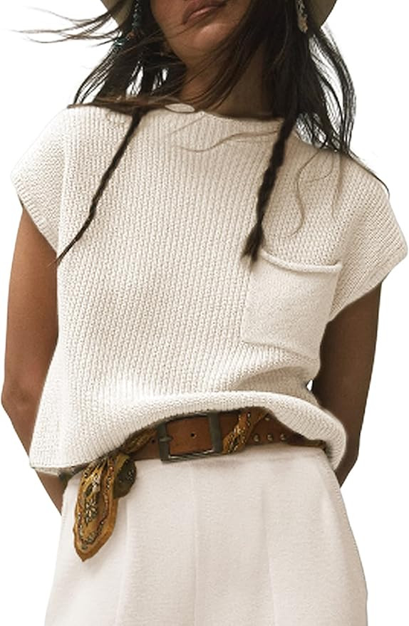 UANEO Sweater Vest Women Mock Neck Casual Cropped Knit Pullover Cap Sleeve Sweater for Women Top ... | Amazon (US)