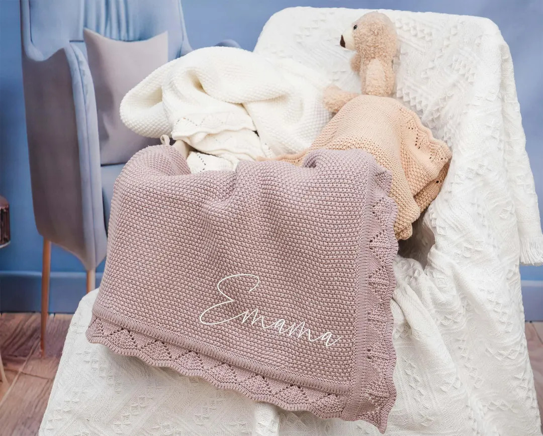 Custom Embroidered Baby Name Knit Blanket: Cotton Keepsake Gift - Etsy | Etsy (US)