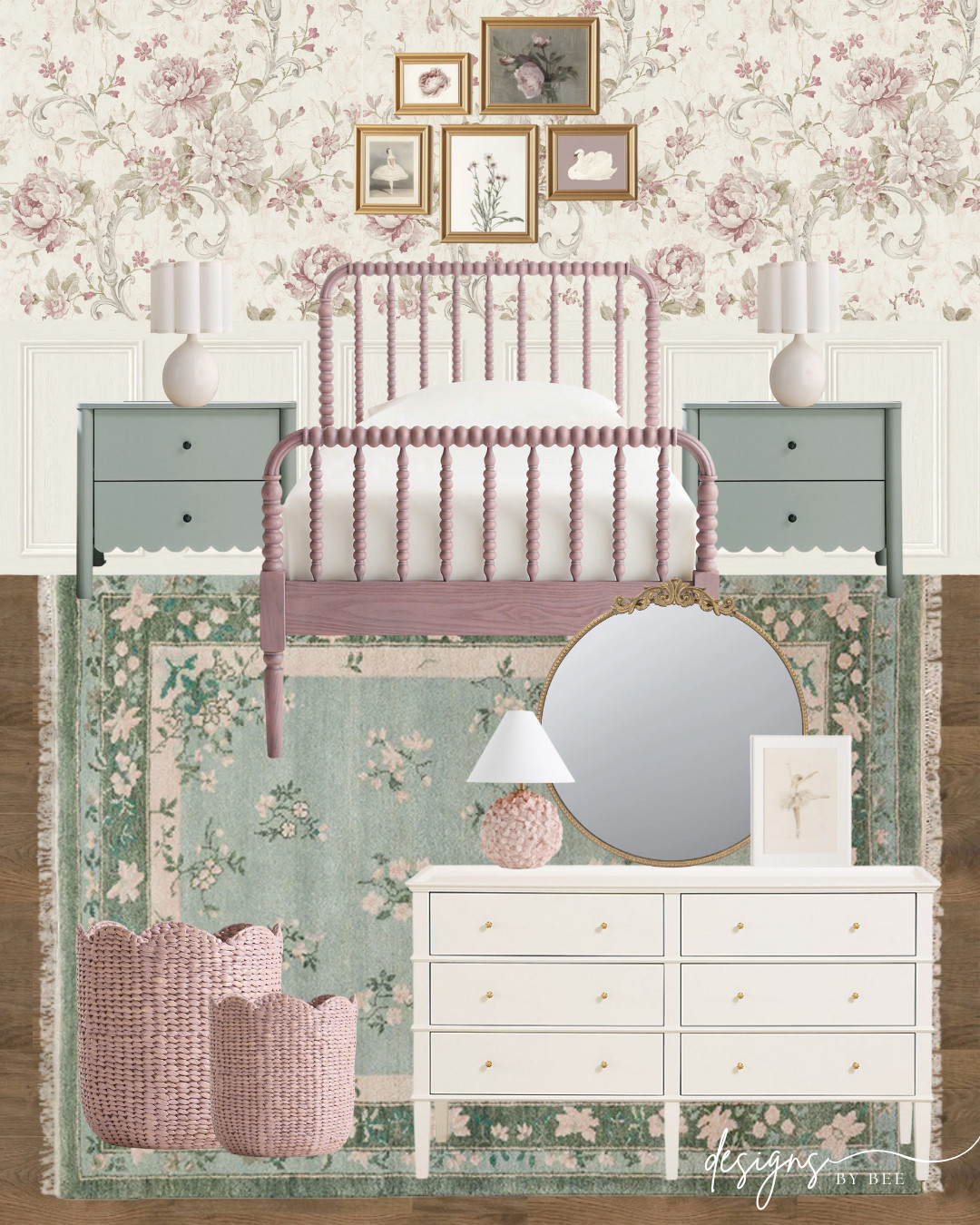 #girlsroom #grandmillennial #cottagecore #kidsbedroom #nurserydecor #vintagefloral #shabbychic #interiordesign #homedecor #spindlebed #floralwallpaper #cozyhome #bedroomideas #pasteldecor #scallopedfurniture #antiquestyle 

 