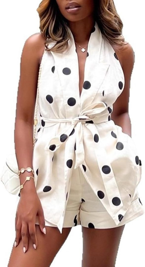 Wuitrie Women's Polka Dot Blouse Shorts Set Halter V Neck Tie Waist Backless Top High Waist Short... | Amazon (US)