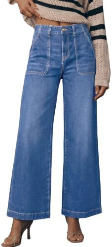 Sidefeel Womens Wide Leg Jeans High Waisted Stretchy Straight Leg Baggy Denim Pants with Pockets | Amazon (US)