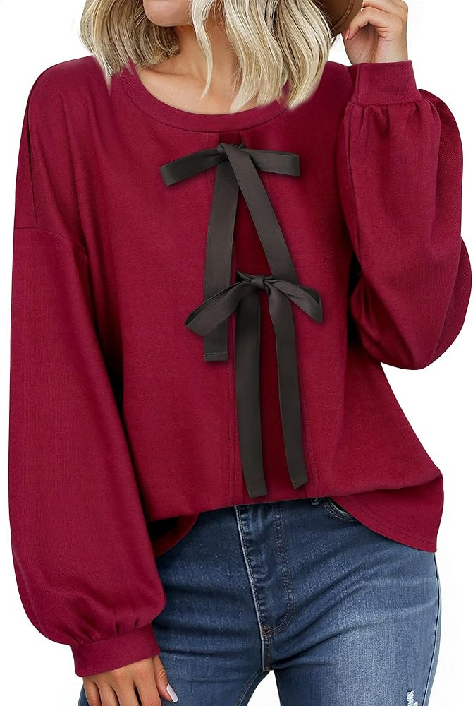Vivilli Womens Long Sleeve Sweaters Sweatshirt Crewneck Long Sleeve Shirts Bow Tie Front Splicing... | Amazon (US)