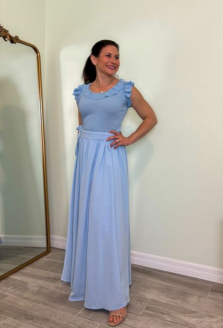 Seasonal color ice blue, sky blue, outfit. Petite friendly wide leg pants. I’m 4’10” and need my comfy Amazon The Drop 3 inch heels. 

Wearing size S-M in both pants and blouse.

I'm 4'10" and 115#; bust 32B, waist 26, hips 36


#LTKOver40 #LTKSeasonal #LTKStyleTip