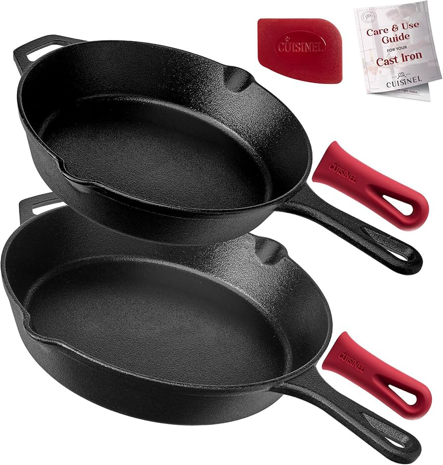 Cast Iron Skillets - Pre-Seasoned 2-Piece Pan Set: 10" + 12"-Inch + 2 Heat-Resistant Silicone Han... | Amazon (US)