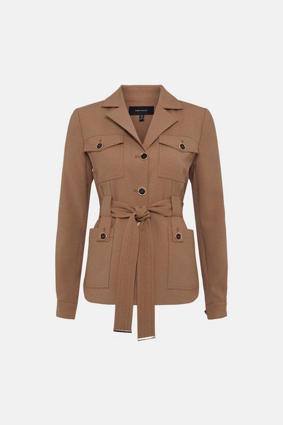 Polished Wool Blend Safari Belted Jacket | Karen Millen UK & IE