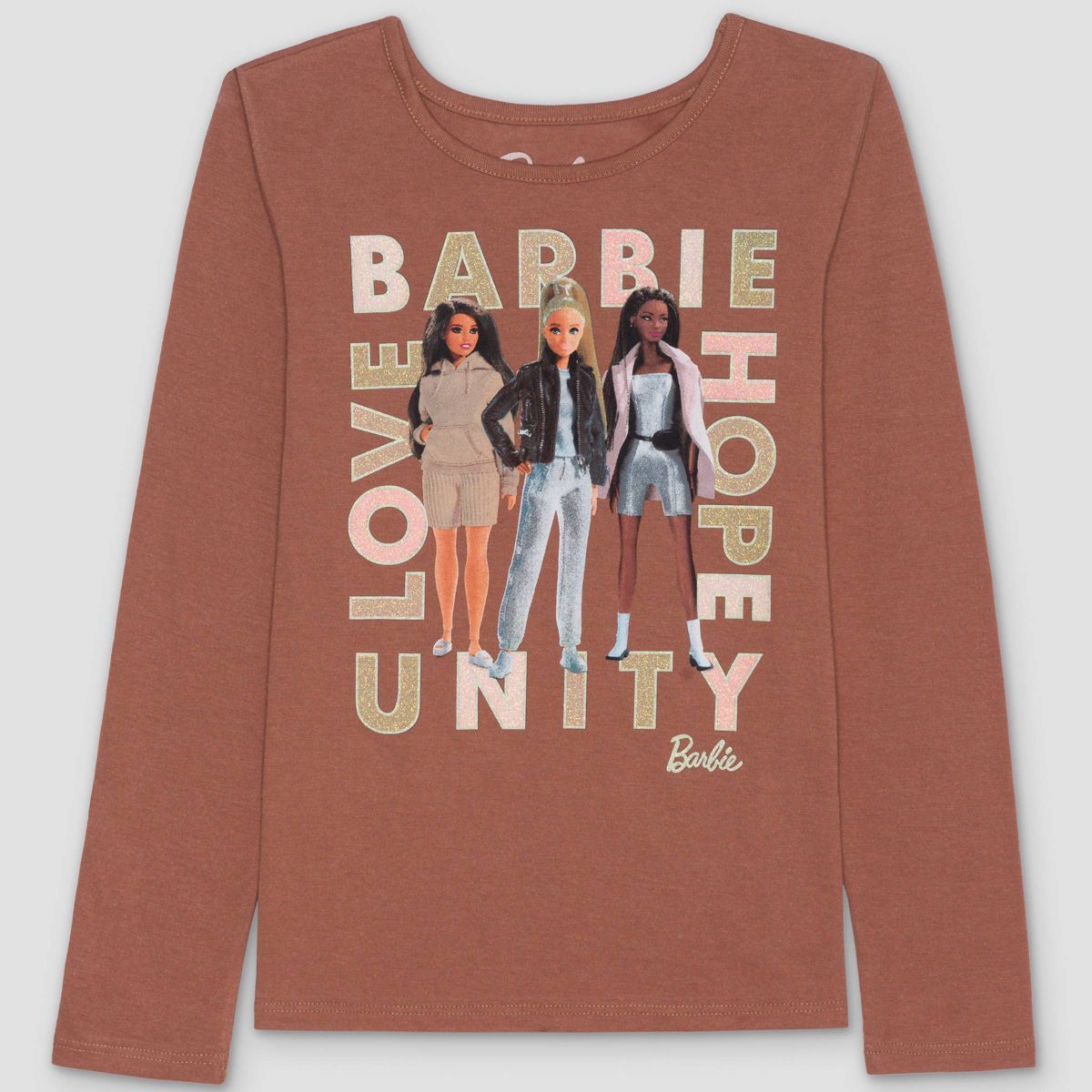Girls' Barbie Unity Long Sleeve Graphic T-Shirt - Brown | Target