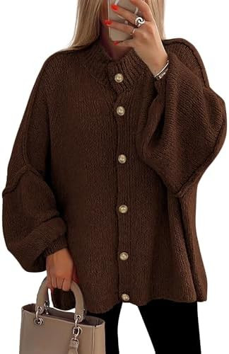 PRETTYGARDEN Women's Winter Button Down Cardigan Sweaters Mock Neck Lantern Long Sleeve Chunky Kn... | Amazon (US)