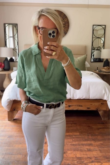 Spring tops🤣 love this emerald green linen blouse, I own it and pale blue as well

I used my stitch gun to make the opening not quite so low cut 

Jeans for true to size


#LTKstyletip #LTKtravel #LTKover40