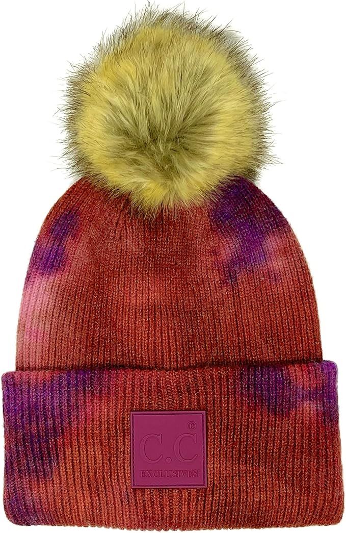 CC Fur Pom Winter Fall Trendy Chunky Stretchy Cable Knit Beanie Hat | Amazon (US)