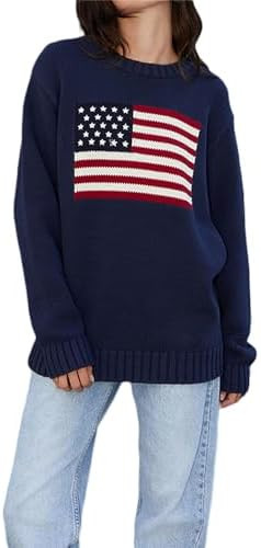 Women American Flag Sweater Long Sleeve Crewneck Knitted Jumper Top Patriotic Loose Pullover Fall... | Amazon (US)