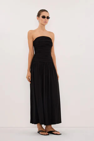 SHARI BLACK STRAPLESS BANDEAU MIDI DRESS | DISSH