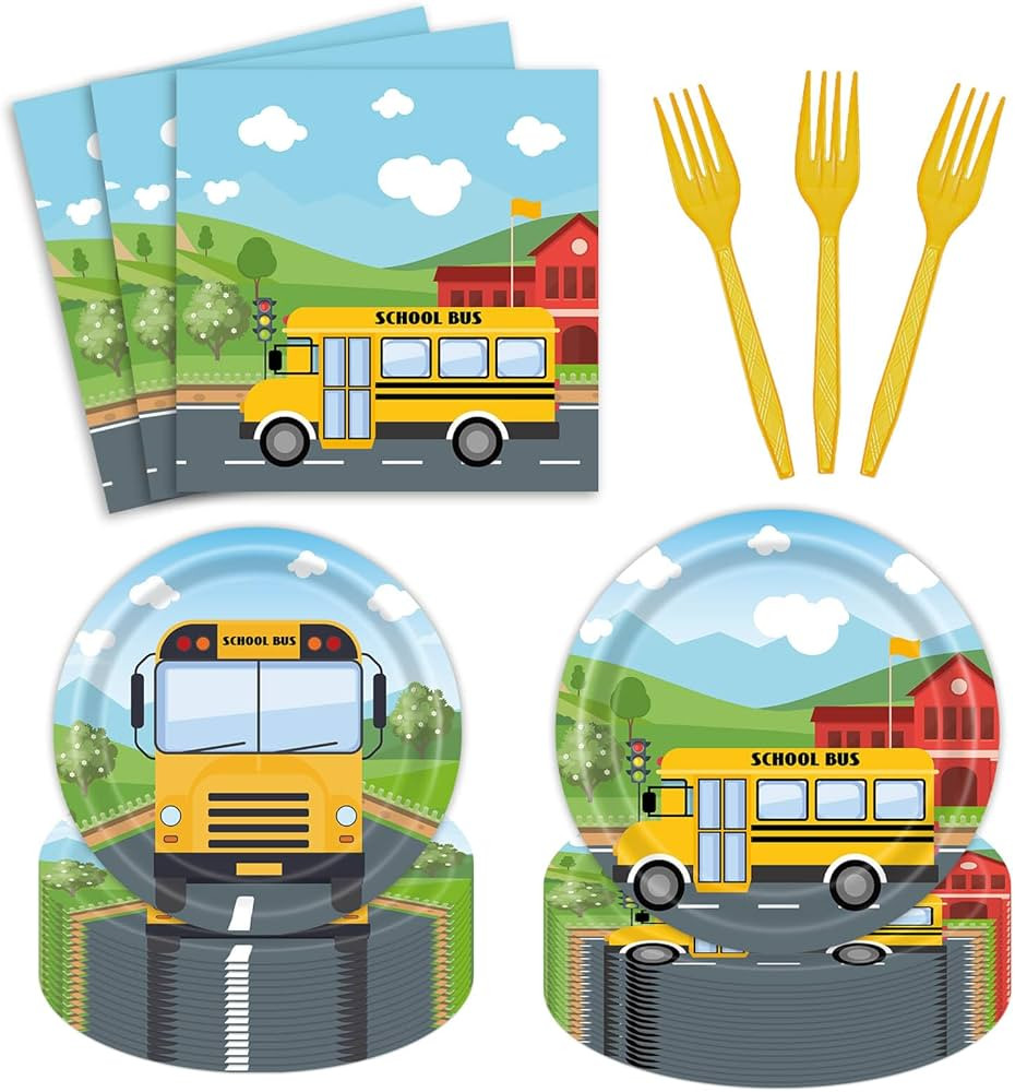 96PCS School Bus Party Supplies Paper Plates Napkins Back to School Tableware Dinnerware Set Disp... | Amazon (US)