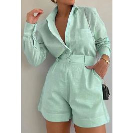 Casual Patch Pocket Buttoned Shirt and Shorts in Light Green for Urban Daily Wear & Coffee Runs | Chicwish