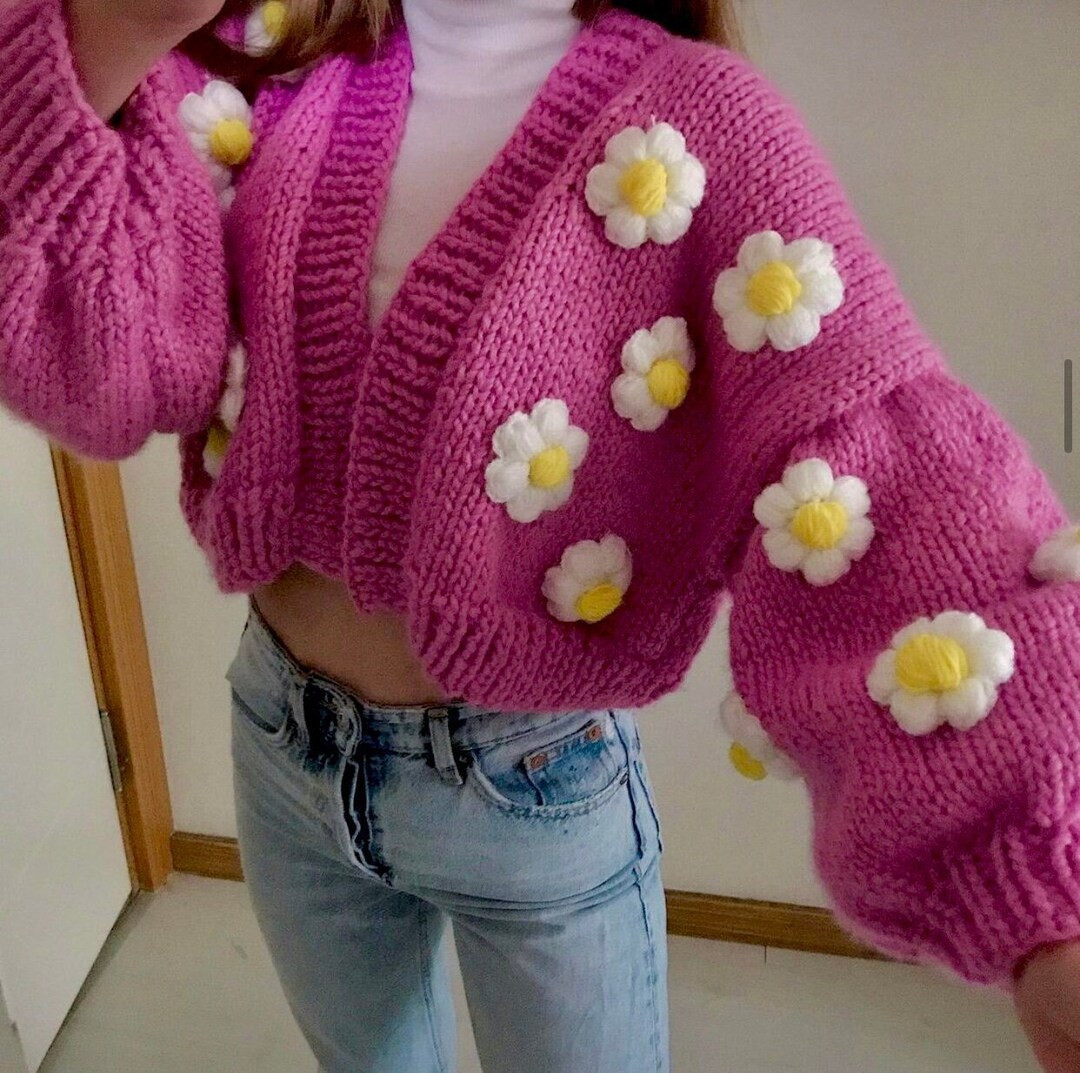 Daisy Cardigan, Chunky Cardigan, Pink Daisy Sweater, Crop Daisy Cardigan, Knit Chunky Cardigan, H... | Etsy (US)