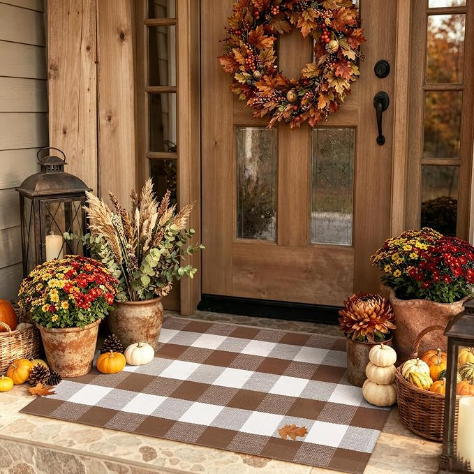 Fall Front Door Mat 2.3'x3.6' Buffalo Plaid Checkered Outdoor Rug | Amazon (US)