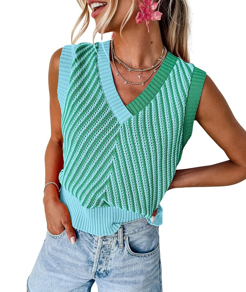 MARZXIN Women Sleeveless Sweater V Neck Casual 2025 Knitted Chevron V Neck Sweater Vest Color Blo... | Amazon (US)
