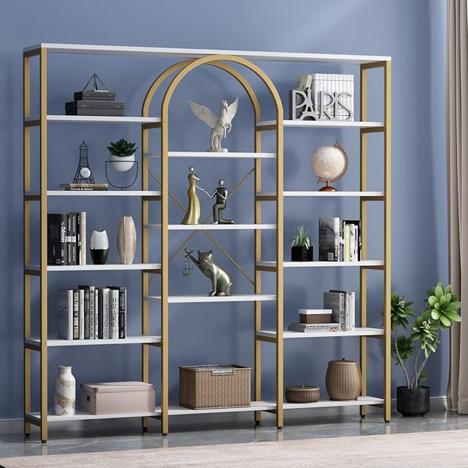 Triple Wide Gold Bookshelf, 70.87" W x 71.34" H Large Modern Etagere Bookcase, Tall Display Shelf... | Amazon (US)
