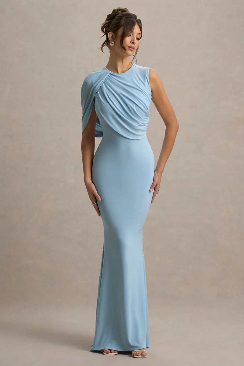 Rae | Powder Blue Maxi Dress With One-Sleeve Cape | Club L London