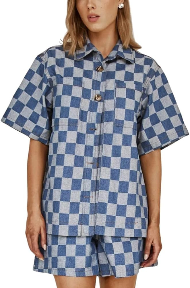 Women's Plaid Denim Shorts 2 Piece Outfits Short Sleeve Lapel Shacket Shirt High Waist Jean Short... | Amazon (US)