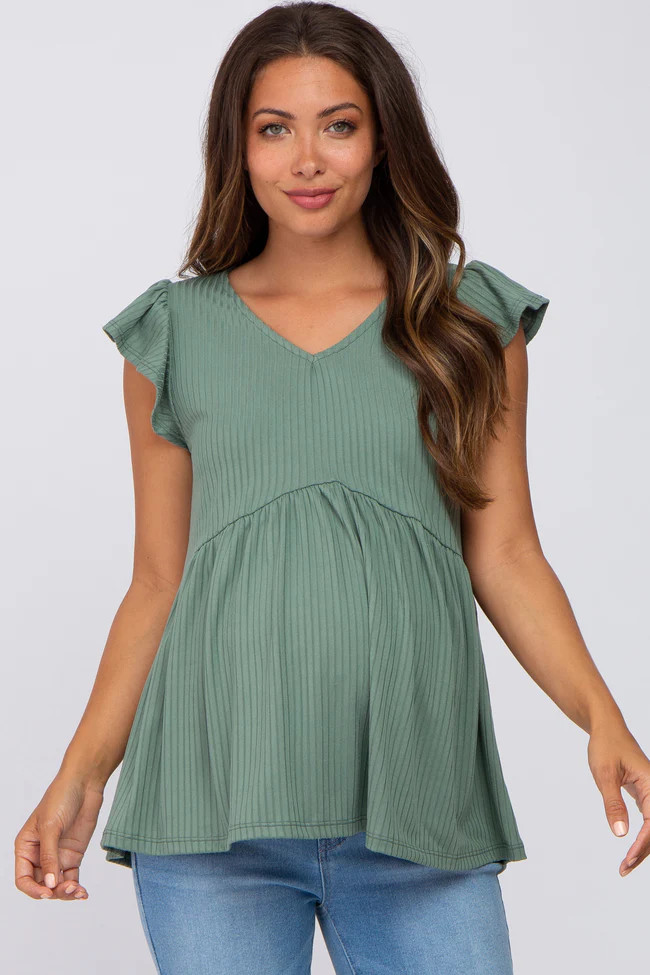 Light Olive Ribbed Ruffle Sleeve Maternity Top | PinkBlush Maternity