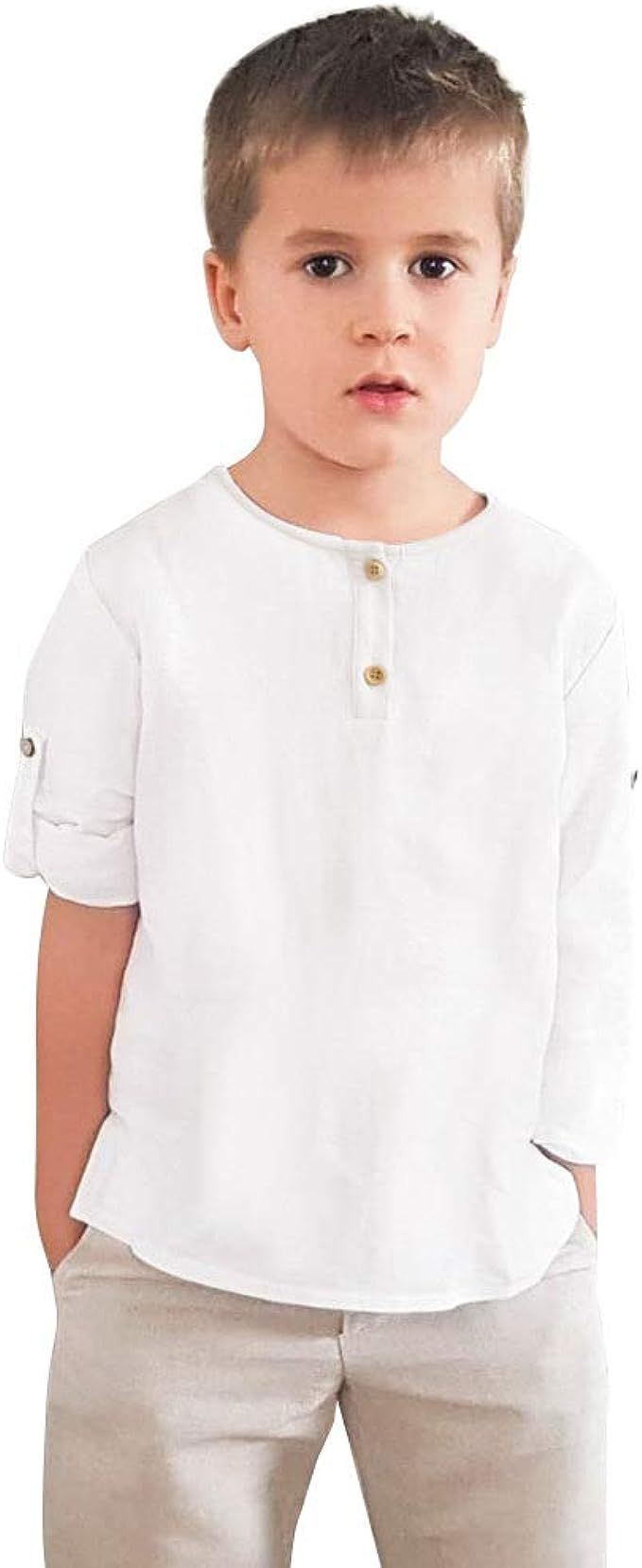Curipeer Boys Girls Button Down Shirts Cotton Linen Unisex Tee for Spring Summer | Amazon (US)