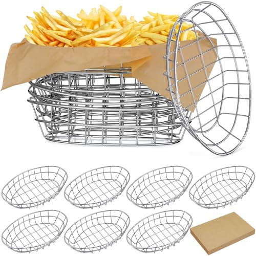 Hushee 12 Pcs Wire Bread Basket 9.5 x 6.2 x 2.2 Inch Oval Metal Dinner Roll Baskets for Serving Fruit Bowl Basket Storage with 50 Sheets Deli Wrappers Paper for Kitchen Table Fast Food Burger (Silver) | Amazon (US)