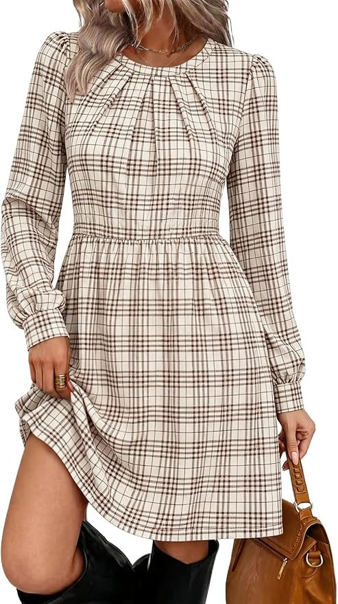 WIHOLL Womens Fall Dresses Long Sleeve Pleated Bust A-Line Pocket Dress | Amazon (US)