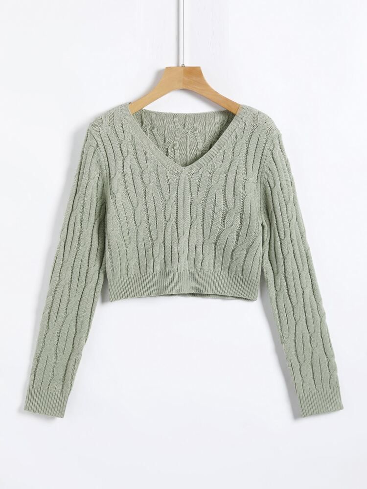 Cable Knit V Neck Crop Sweater | SHEIN