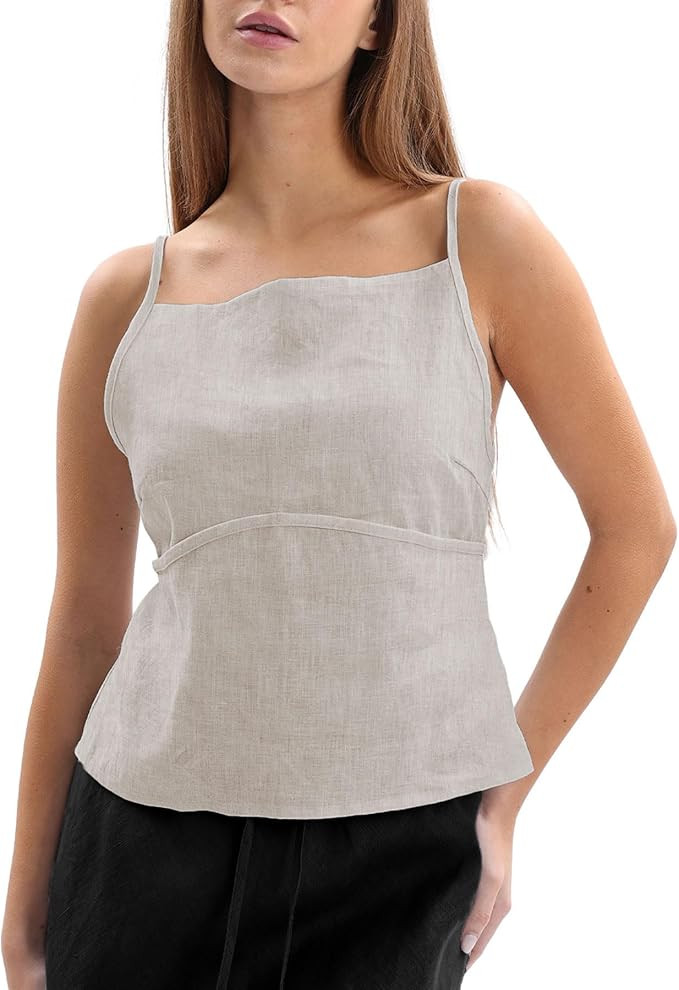 Amazhiyu Womens 100% Linen Backless Square Neck Spaghetti Strap Tank Tops Summer | Amazon (US)